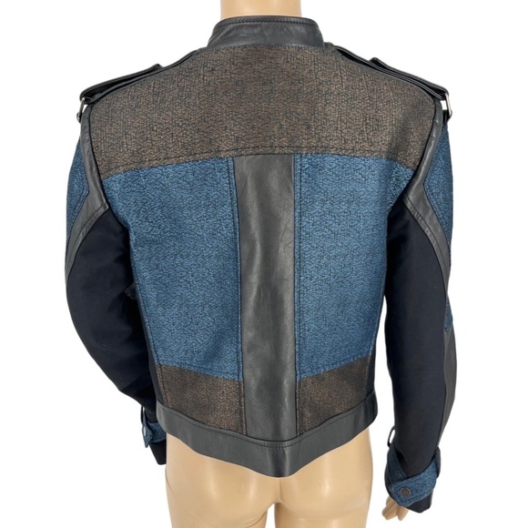 BCBG Max Azria Patchwork Color Block Leather Moto Jacket Black Blue Womens XS - Picture 2 of 6